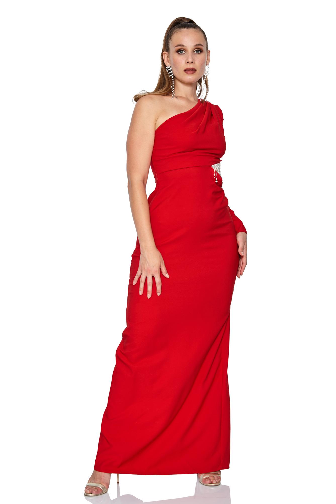 Red Plus Size Crepe One Arm Maxi Dress